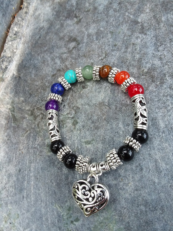 7 Chakra Bead Expandable/Stretch Bracelet with Heart Bangle