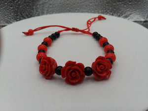 Adjustable/Expandable Red Rose Bracelet with 6 & 8 mm Red & Black Beads