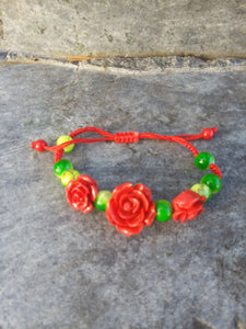 Red Resin Rose with Green Beads-Adjustable Bracelet