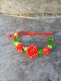 Red Resin Rose with Green Beads-Adjustable Bracelet