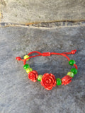 Red Resin Rose with Green Beads-Adjustable Bracelet