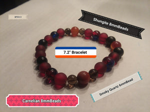 7.2" Expandable Stretch Bracelet -Carnelian 8mm Beads/Shungite 8mm Beads/Smoky Quartz 6mm Beads - BTCH 313