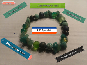 7.1" (Expandable) Bracelet Green Adventurine Chips/Chrysocolla 8mm Beads/Amazonite Chips/Shungite 8mm Beads/Blue Turquoise 8mm Beads - BTCH 215