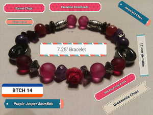 7.25" Expandable Stretch Bracelet with Amethyst Chips, Bronzonite Chips, Carnelian 8 mm Beads, Garnet Chips, 12mm Hematite Circles, Purple Jasper 8mm Beads, Red Rose Rock, 8mm Glass Beads, Alloy Tibetan Spacer - BTCH 214