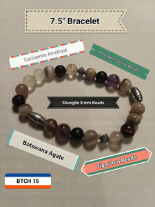 7.5" Stretch Bracelet with Botswana Agate 8 mm Beads, Cacoxenite Amethyst Beads, Petoskey Stone 8 mm Beads, Shungite 8 mm Beads, Tiger Iron 8 mm Beads, Tibetan Alloy Spacers - BTCH 115