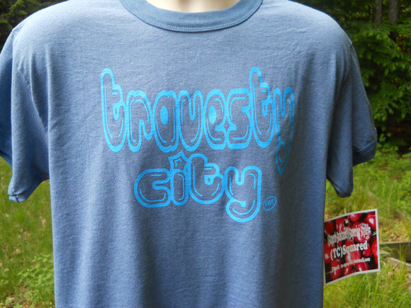 Travesty Bubble design (Sky Blue ink) on a Gildan Men's Carolina Blue color Ultra Cotton 50/50 Cotton Poly Blend Ringer-T**ONLY 4 T-SHIRTS PRINTED FOR THIS BRAND/COLOR!!**