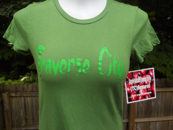 Leafy TC design on a Small Snug Fit Ladies Leaf color Bella The Favorite Tee 100% Cotton with Bright Green Ink/ One-Off