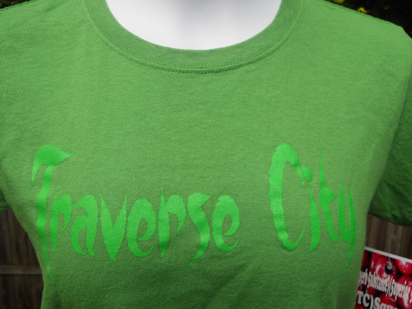 Leafy TC design on Small Anvil Brand Women's Green Apple color Tee with Bright Green Ink/ One-Off