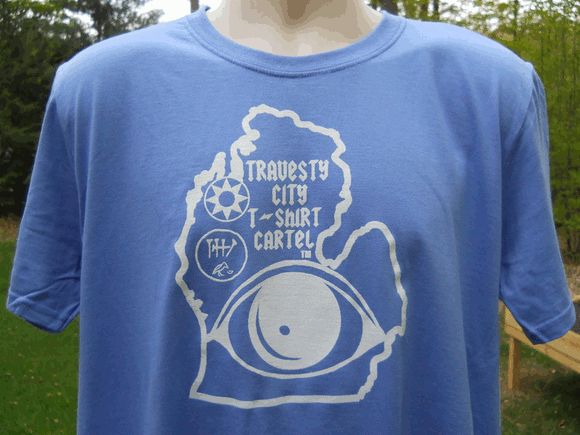 MI Hamsa Hand design on Unisex Light Blue Gildan Soft-Style 100 % Pre-Shrunk Cotton-White Ink**ONLY 20 T-SHIRTS PRINTED FOR THIS BRAND/COLOR!!**